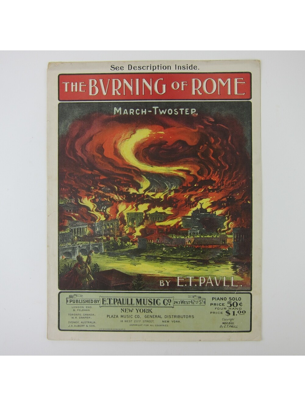 Sheet Music The Burning Of Rome March Two Step E.T. Paull Music Co. Antique 1903